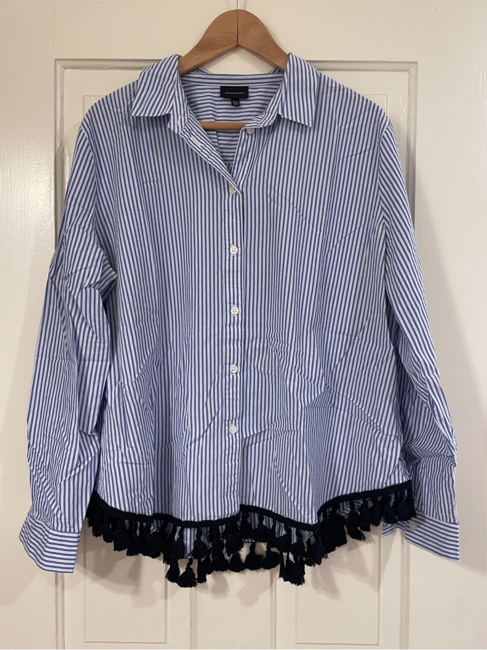 Who What Wear Blue and White Striped Button-Down Shirt with Black Tassel Trim